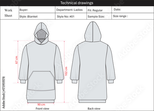 Blanket, Long Hoodie Flat sketch, Technical Drawing, mock up