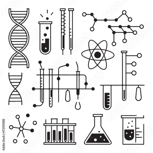 Laboratory equipment and molecule vector illustration for chemistry, science and biotechnology research design