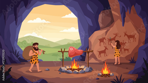 Prehistoric Cave Life Scene with Caveman and Cavewoman Creating Art and Cooking Food