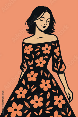 Fashion illustration of a woman in floral dress, vector style.