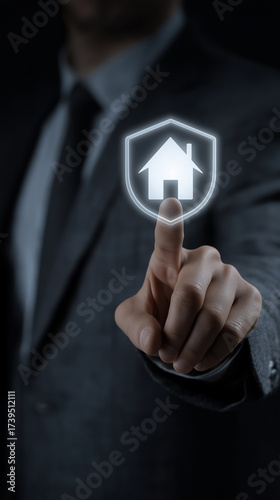 Businessman Touching House and Shield Icons Representing Home Insurance, Property Protection, Real Estate Security, Residential Safety and Risk Management, Vertical