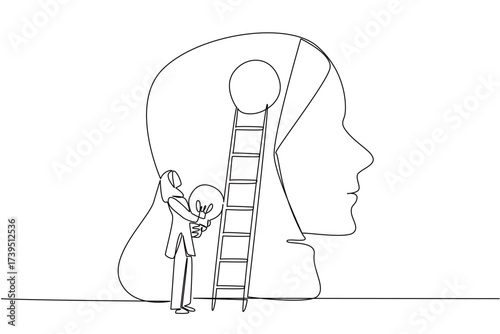 Continuous line draw of a woman holding a glowing lightbulb beside a large human head with a ladder, symbolizing imagination and ideas for National Creativity Day in a psychology and business concept