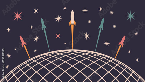 Retro space scene with rockets launching from a gridded planet surrounded by stars and a dark background