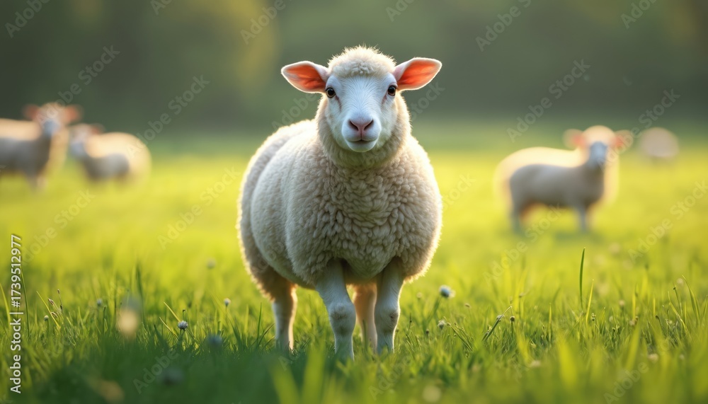 Obraz premium Fluffy white sheep stands in green grass field looking forward. Other sheep graze peacefully in the blurred background during sunny day. Calm rural landscape.