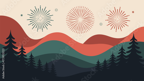 Stylized landscape with evergreen trees rolling hills and celebratory fireworks in the sky above them all