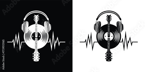 Central composition of a guitar, vinyl record, and headphones, with a heartbeat ekg line on either side, rendered in black and white, isolated on white background