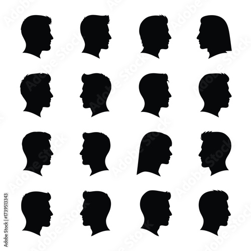 Vector illustration of collection of black silhouette profiles of diverse human faces, showing various hairstyles and facial features