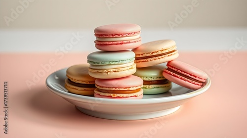 Colorful macarons stacked on a pastel plate