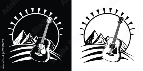 Acoustic guitar on a hill with sun and mountains, artistic illustration in black and white