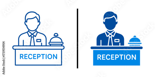 Reception Icon: A pair of simple, clean icons depicts a welcoming reception desk with a person, the blue and white color scheme enhances the modern and minimal aesthetic.