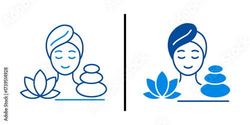 Tranquil Spa Moment: A serene figure with eyes closed finds tranquility, depicted with a lotus flower and balanced stones, inviting peace and wellness.