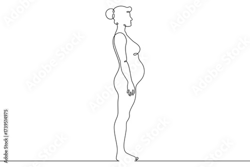 Continuous one line drawing  pregnant woman on a walk. Pregnant woman in late pregnancy,full-length. Motherhood. Line art.One continuous line isolated illustration.Not AI.