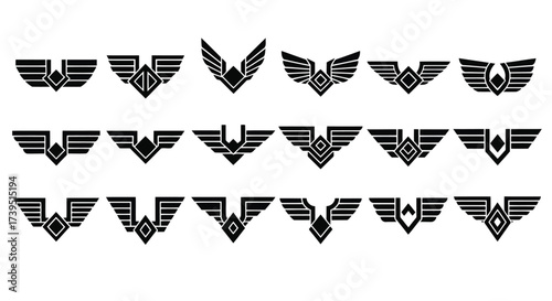 Vector illustration of collection of stylized wing emblems and badges with geometric diamond elements