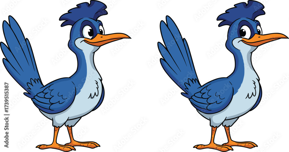 Naklejka premium Cartoon blue bird character illustration, cute animal mascot design, funny feathered creature with crest, orange beak, big eyes, light belly, vector art, isolated