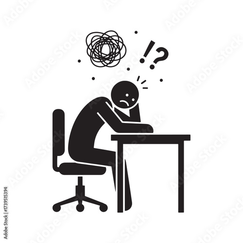 Overworked Stick Figure at Desk Icon, Stressed and Frustrated Employee Symbolizing Burnout and Workplace Problems.
