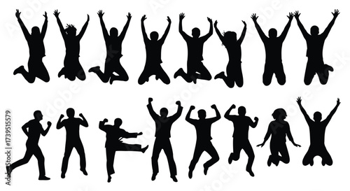 Vector illustration of joyful silhouettes of people jumping and celebrating with arms raised, , conveying happiness and excitement