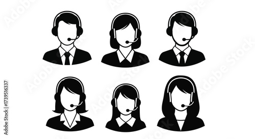 Vector illustration of collection of six black and white silhouette icons representing customer service representatives with headsets