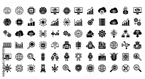 Vector illustration of collection of technology and artificial intelligence icons, including brains, gears, computers, charts, robots, and cloud symbols