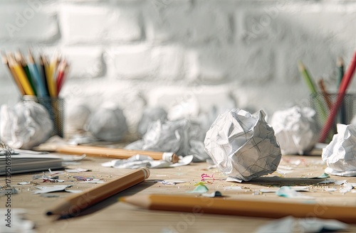 A messy desktop showcases crumpled paper, pencils, and a brick background. Ideas, failures