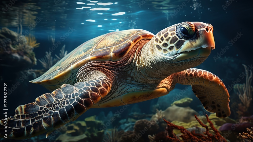 Fototapeta premium Majestic Green Sea Turtle Gliding Gracefully Through Sunlit Tropical Coral Reef Waters