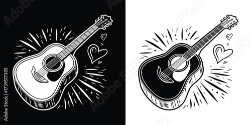 Handdrawn sketch of an acoustic guitar with radiating lines and hearts, presented in both black and white versions, evoking a warm and loving musical sentiment