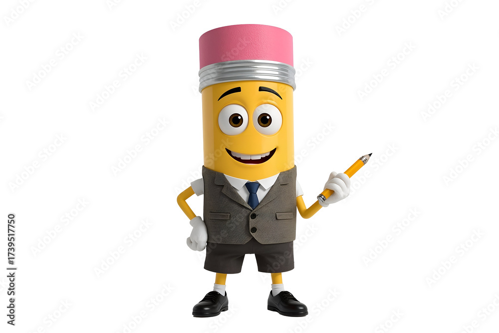 Fototapeta premium Cheerful yellow pencil character in suit holding a pencil isolated on a transparent background
