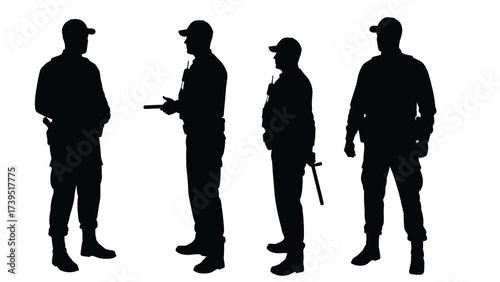 Four Security Guards Or Police Officers Silhouettes Isolated On White Background