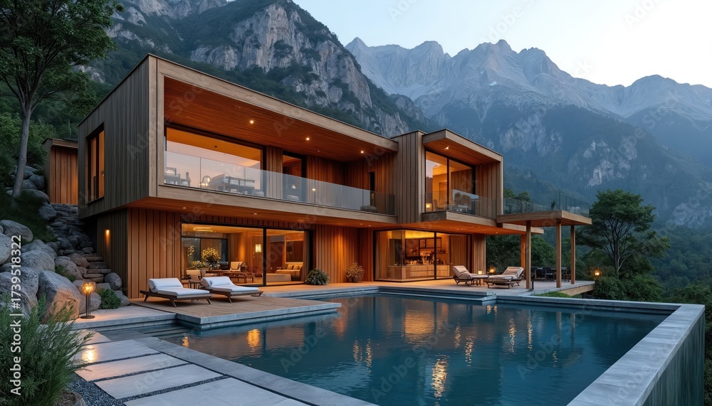 Fototapeta premium Modern wooden home with infinity pool set against dramatic mountain backdrop at twilight. Luxury villa offers outdoor lounging areas and expansive glass windows for scenic views.