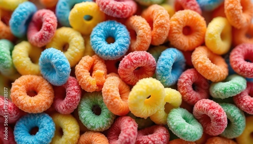 Close up of colorful cereal rings. Breakfast food background concept with frosted sugary snack. Sweet corn flakes with sugar are popular for kids. Quick eat meal at home.