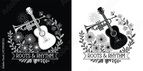 A detailed black and white graphic illustration of a guitar and trumpet intertwined with flowers and foliage, featuring the phrase roots rhythm in a banner, shown in positive and negative