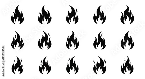 Vector illustration of set of fifteen black silhouette flame icons representing fire