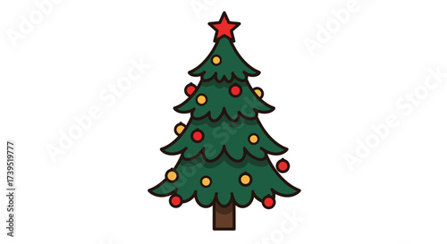 Cartoon Christmas Tree with Star and Ornaments Illustration.