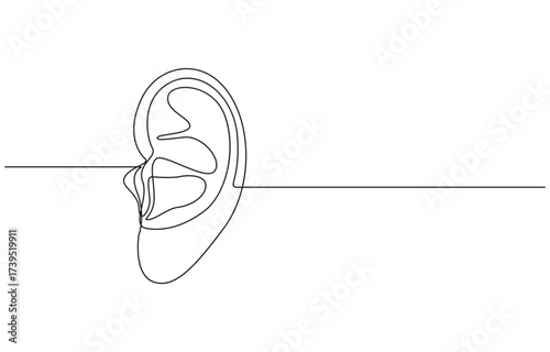 One-line drawing of a human ear, Single Line Ear Outline, Ear in One Line Continuous Drawing, Minimalist Style, Continuous Line Art of Human Ears and Musical Note