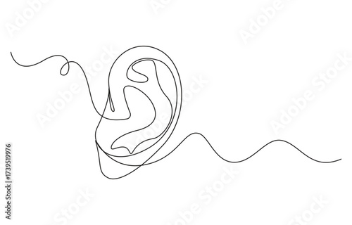 One-line drawing of a human ear, Single Line Ear Outline, Ear in One Line Continuous Drawing, Minimalist Style, Continuous Line Art of Human Ears and Musical Note