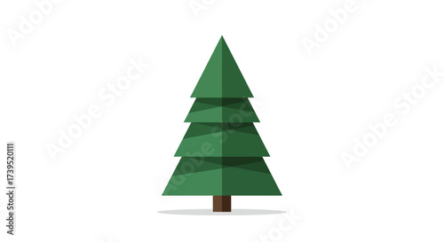 Stylized Evergreen Tree with Geometric Branches and Brown Trunk.