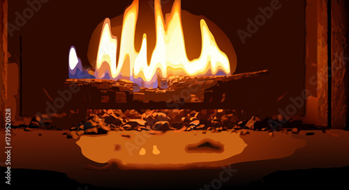 Abstract Fireplace with Bright Flames and Glowing Embers Illustration.
