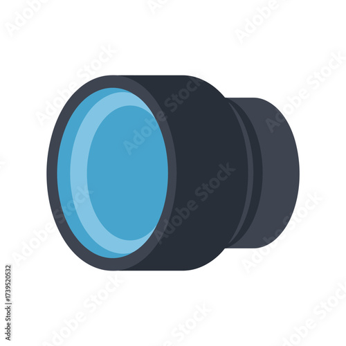 A black camera lens with a blue reflection isolated on white background