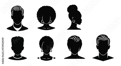 Vector illustration of diverse collection of black silhouette male and female head profiles with various hairstyles and accessories