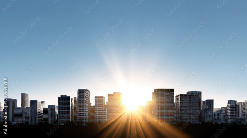 Fototapeta premium Stunning skyline showcases economic recovery concept as sun rises, illuminating city with hope and new beginnings