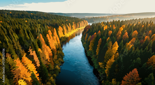 Aerial View of Autumnal Forest and Flowing River Landscape.
