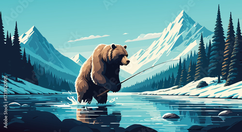 Brown Bear Fishing in a River Holding Fishing Rod.
