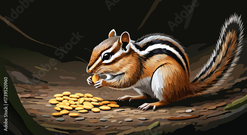 Cartoon Chipmunk Eating Nut Featuring Striking Brown White and Black Stripes.