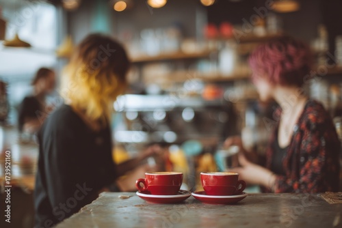 Two people chatting over coffee in a cozy cafe with blurred background ambiance.