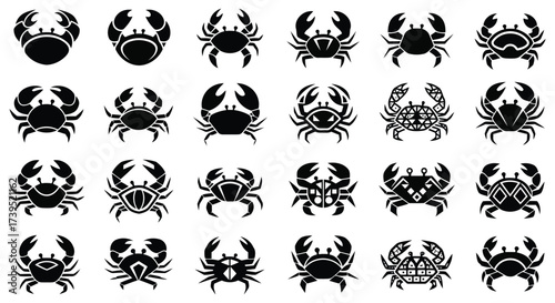 Vector illustration of a grid of twentyfour stylized black crab icons in various poses and designs, isolated on a