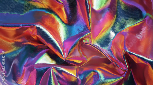 3d render, iridescent holographic foil, folded cloth, abstract fashion background, ultraviolet, multicolor textile, vivid colors