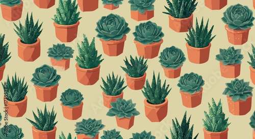 Colorful Illustration of Various Succulents in Terracotta Pots Patterned.