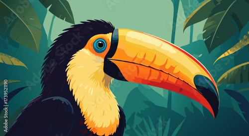 Colorful Toucan Bird Portrait with Large Yellow Beak and Eye.
