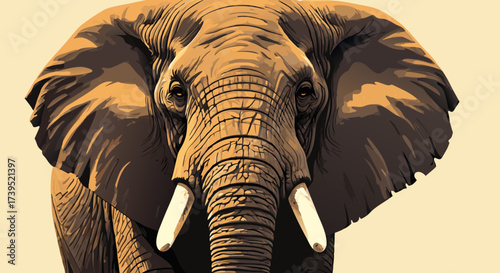 Detailed Frontal Portrait of an African Elephant with Tusks.
