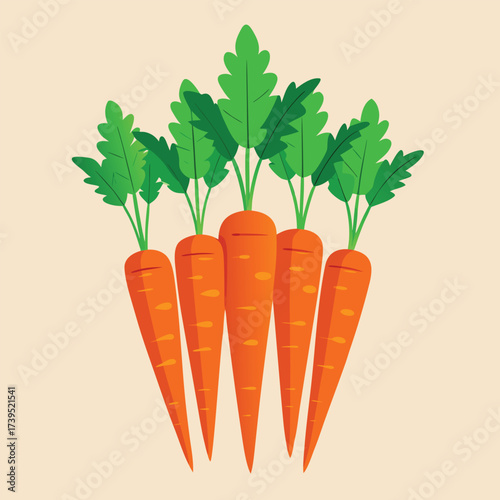 Bunch of carrots with green leaves on beige background