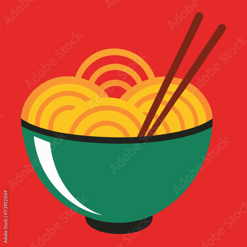 Bowl of noodles with chopsticks on red background food